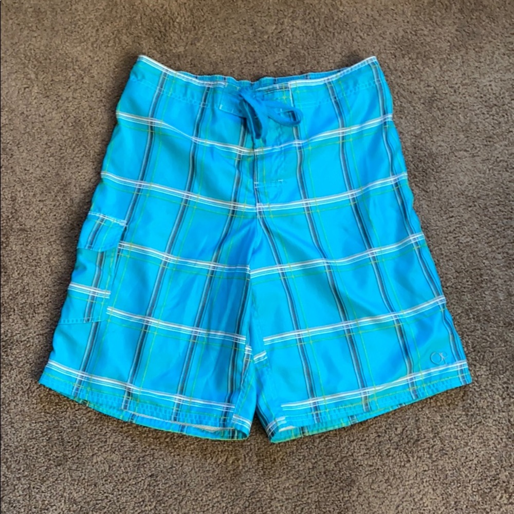 OP aqua blue plaid swim trunks board shorts size M